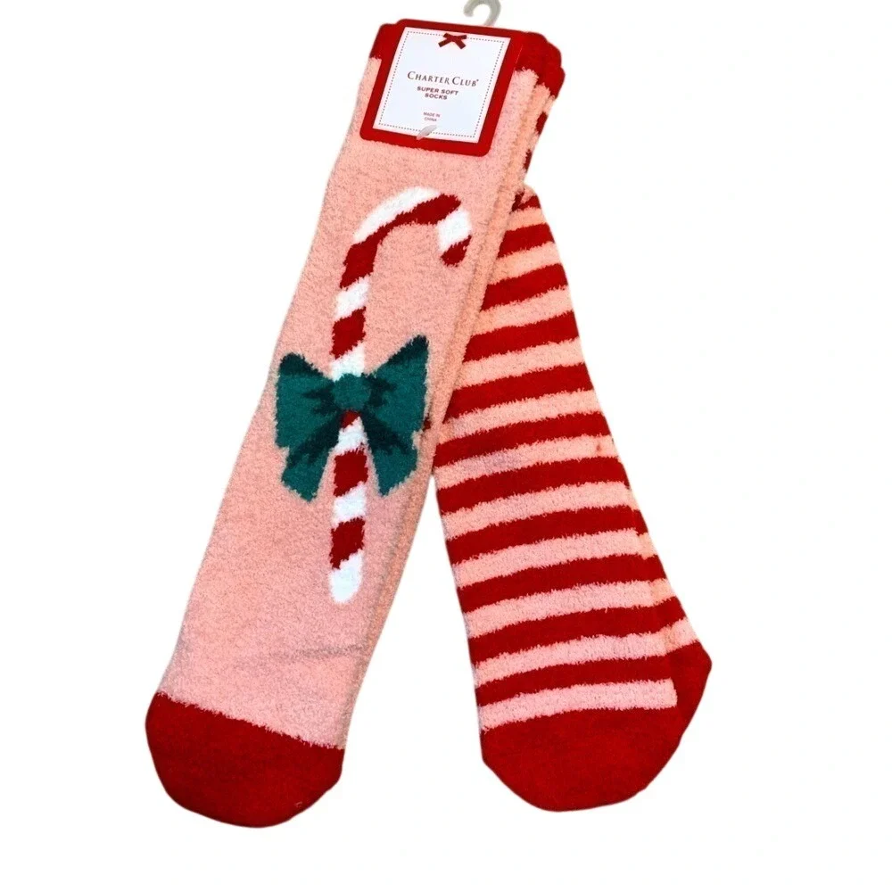 NWT 2 pair Women‎ Charter Club Christmas Soft Socks Candy Cane shoe 6-10